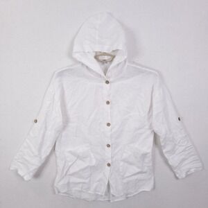 Time for Me Hooded Linen Shirt Womens Medium White Roll Tab Button Down Pocket